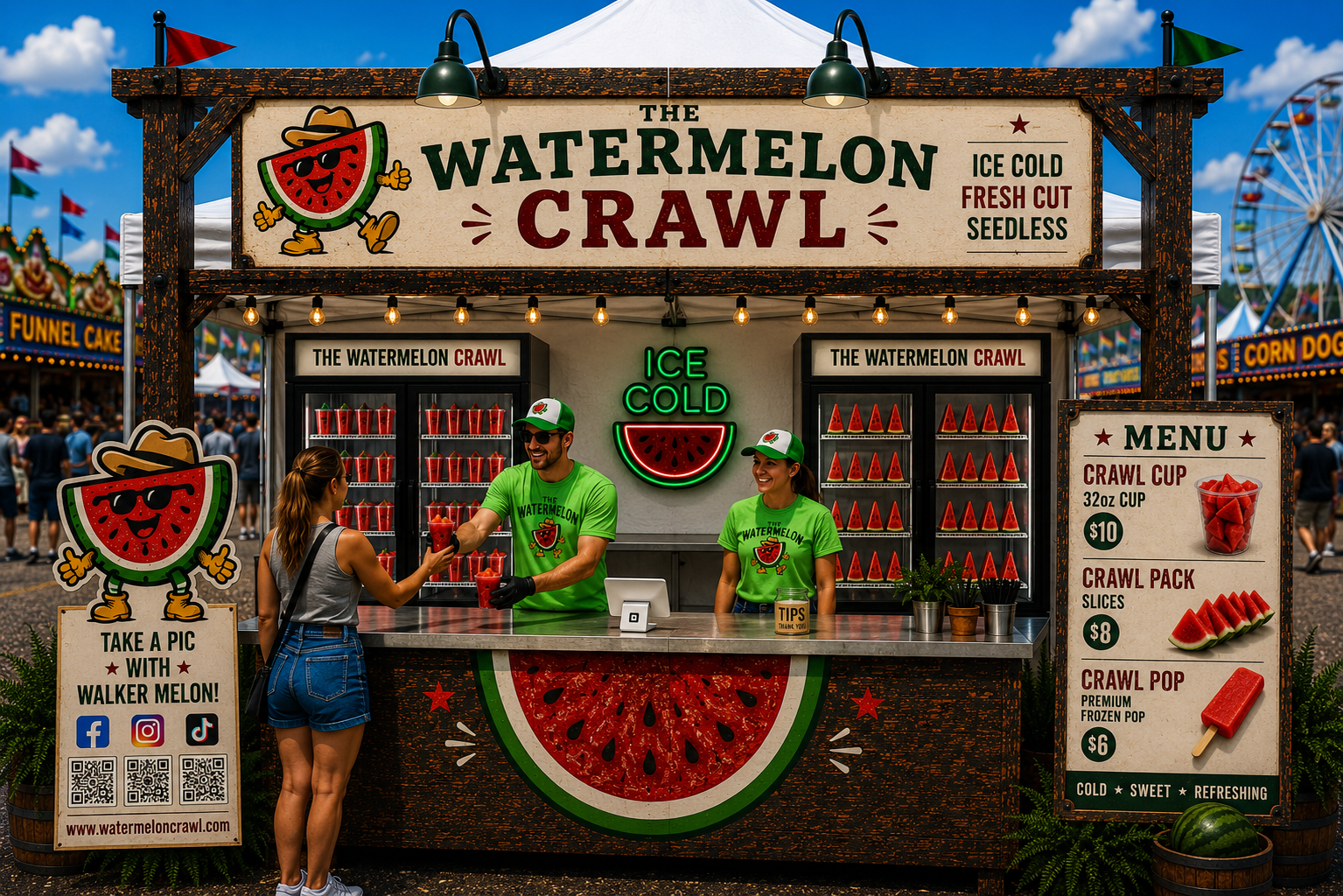 The Watermelon Crawl booth at a busy summer fair